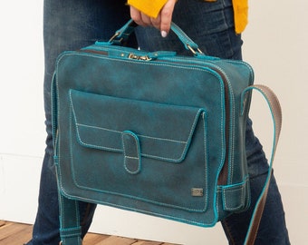Blue leather vintage briefcase women, teal leather bag women, blue satchel women, turquoise leather crossbody bag for women, women work bag