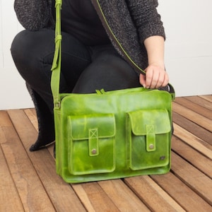 Borsa per laptop in pelle verde, borsa a tracolla in stile vintage per donna, borsa per computer per lavoro, regalo di ritorno a scuola