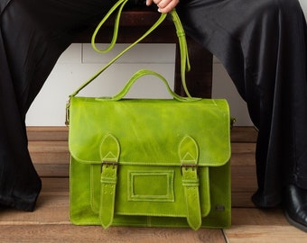 Handcrafted Leather Satchel Backpack: Versatile Laptop and School Bag, green leather bag women