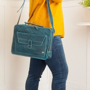 Vintage Turquoise Leather Messenger Bag, Retro Briefcase, Handcrafted Crossbody Satchel, Travel Bag for Men and Women image 3