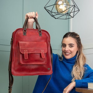 Red leather woman work bag, vintage leather bag woman, leather top handle bag, crossbody purse for sister, woman handbag everyday, mom gift image 1