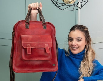 Red leather woman work bag, vintage leather bag woman, leather top handle bag, crossbody purse for sister, woman handbag everyday, mom gift