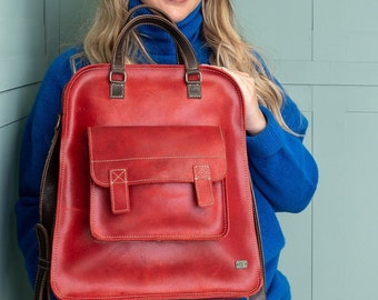 Red leather handbag, Best friend gift, large everyday purse, women bag business casual days, office purse for woman, red waxed leather bag