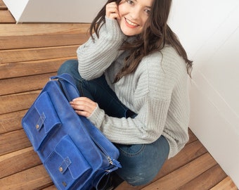 Retro Blaue Messenger Laptoptasche - Vintage Leder Arbeitstasche für Männer und Frauen, Blaue Leder Messenger Tasche Damen