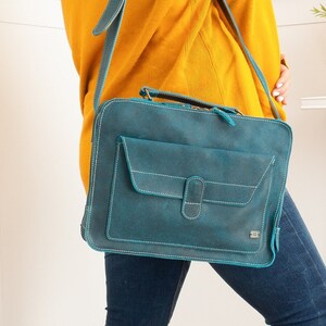 Vintage Turquoise Leather Messenger Bag, Retro Briefcase, Handcrafted Crossbody Satchel, Travel Bag for Men and Women image 2