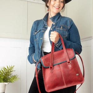 Rote Ledertasche mit Henkel – Vintage-Stil-Tragetasche für Damen – klassische rote Umhängetasche – Lederhandtasche für die Arbeit
