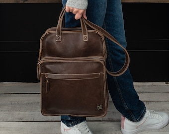 Retro Style Crossbody Bag with Top Handle - Small Vintage Shoulder Purse, Brown leather bag with Pockets