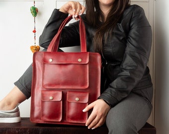 Stylish Leather Convertible Bag for Women, Red Laptop Bag & Purse, red leather backpack