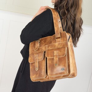 Tan leather set with pockets, ocher handbag for women, bronze shoulder bag, women bag with pockets, gifts for her, leather handbag women image 2