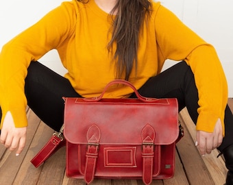 Red leather satchel backpack school bag, convertible briefcase backpack, red leather messenger, laptop backpack for work, vintage women bag