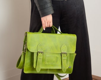 Green leather messenger bag, leather convertible backpack women, laptop satchel bag for work, green leather briefcase women, vintage bag