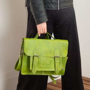 Green leather messenger bag, leather convertible backpack women, laptop satchel bag for work, green leather briefcase women, vintage bag image 1