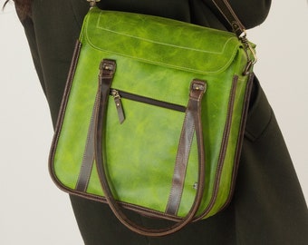 Green laptop bag women, Leather work handbag, Laptop tote Bag, Classic leather tote, Convertible crossbody purse women, Everyday leather bag