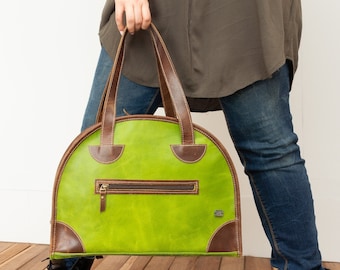 Vintage Green Top Handle Retro Shoulder Bag - Bowling Style Handbag, Vintage leather purse for women, Green Leather small bowler bag