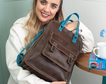 Retro Style Brown Leather Crossbody Bag,  Large Laptop Handbag, Vintage  Crossbody Purse