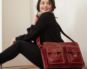 Red leather messenger bag, leather laptop bag for women, cross body work bag, graduation gift, leather shoulder bag women, casual crossbody