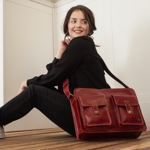 Red leather messenger bag, leather laptop bag for women, cross body work bag, graduation gift, leather shoulder bag women, casual crossbody image 1