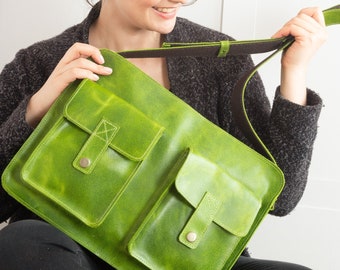 Lime green leather laptop bag women, leather messenger bag, computer bag women, green leather bag for work, women school cross body bag