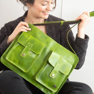 Green leather bag for work, lime green school bag, womens laptop bag, messenger bag for new job, cross body bag with pockets, green handbag image 4