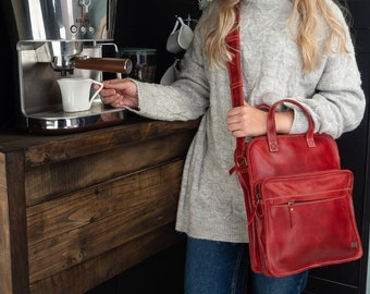 Red Vintage Messenger Bag, Small Crossbody Purse with Pockets, Handmade Shoulder Bag for Women, Red Leather Small Handbag, Top handle Bag