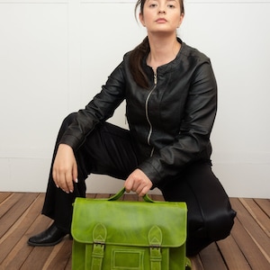 Green leather messenger bag, leather convertible backpack women, laptop satchel bag for work, green leather briefcase women, vintage bag image 6