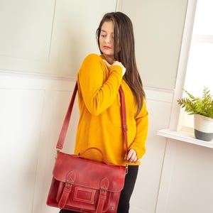 Vintage red leather satchel backpack, convertible laptop bag for work, women's messenger bag, leather briefcase handbag, crossbody work bag