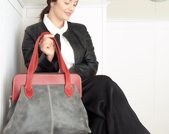 Gray Leather Vintage Doctor Bag Purse - Retro Style Shoulder Handbag, Distressed Leather Doctor Bag Handbag for Women, Vintage Style Tote
