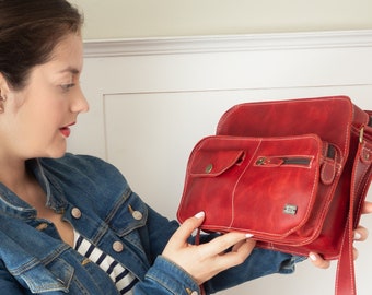 Red leather crossbody bag, small red leather bag for women, cute messenger bag women, small women travel bag, crossbody purse adjustable