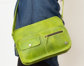 Green leather small satchel bag, lime green leather bag women, cross body bags for women, mini satchel purse women, everyday green bag women