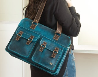 Turquoise leather laptop handbag, vintage bags for women, women work bag for jeans, blue leather bag, teal leather purse, blue leather tote