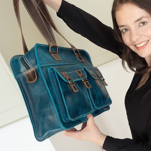 Woman handbag turquoise blue leather tote bag, vintage bag for women, leather women laptop bag, business shoulder bag for woman, mom gift