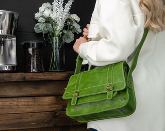 Vintage Inspired Green Leather Mini Satchel Bag, Women's Crossbody Purse in Genuine Leather, small leather purse, women handbags, mom gift