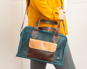Vintage Turquoise Leather Duffel Bag for Women, Colorful Travel or Work Tote, Blue cross body purse for mom, work bag for women