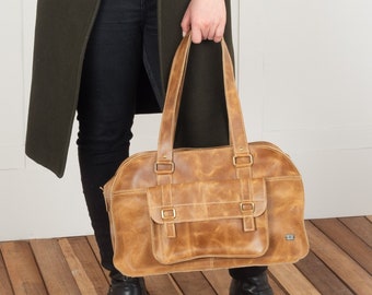 Handgefertigte Reisetasche aus hellbraunem Leder – Reisetasche im Vintage-Stil für Wochenendausflüge, übergroße Handtasche für Frauen