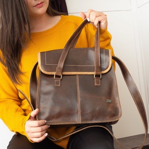 Vintage Leather Purse with Top Handle Classic Crossbody Bag for Work, Brown Distressed Leather Handbag, Small crossbody purse for women image 1