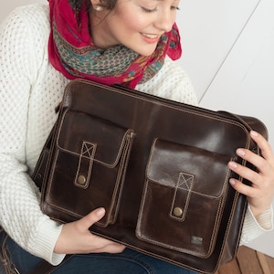 Sac messager en cuir marron - Sac pour ordinateur portable de style vintage - Sac à bandoulière pour femme - Sac à bandoulière de voyage pour le travail - Grand sac cartable