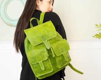 Backpack purses for women, leather backpack for work, green leather bag everyday, leather rucksack street style, graduation gift, school bag
