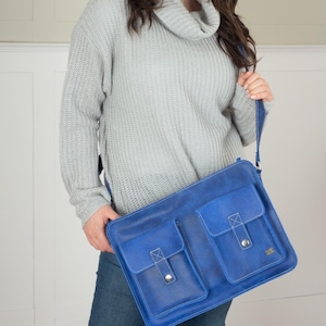 Sac messager en cuir bleu - Sac ordinateur portable pour femmes - Sacoche vintage pour le travail - Sac bandoulière pour voyage
