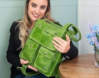 Green convertible backpack women, leather backpack purse, retro school leather bag, small laptop backpack, convertible crossbody backpack