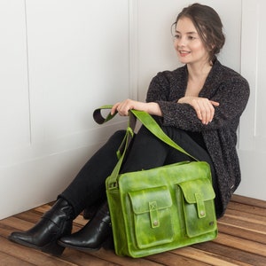 Green leather bag for work, lime green school bag, womens laptop bag, messenger bag for new job, cross body bag with pockets, green handbag image 9