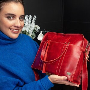 Umhängetasche Damen – Rote Lederhandtasche für die Arbeit – Reisetasche Damen – Burgunderrote Umhängetasche – Top-Griff-Tasche für Sie – Vintage-Geldbörse
