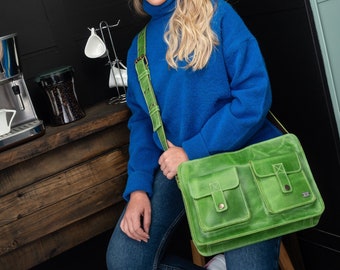 Green leather bag, small leather messenger, apple green crossbody bag everyday bag, vintage leather bag, postman bag, retro school bag women