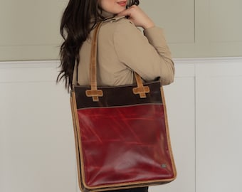 Leather tote bag for women, women laptop bag casual look, red leather handbag for work, birthday gift, women tote fall style, large handbag