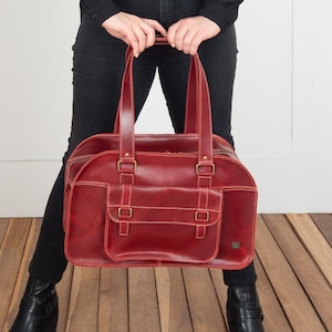 Red leather large handbag, oversize women leather bag, carry on duffel bag, women travel bags, large red purse for work, red weekender bag image 4