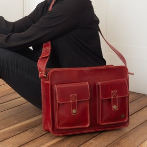 Laptop bag, leather computer bag, red leather bag for women, messenger bag women, vintage cross body bag, shoulder bag for work, school bag