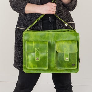 Green leather bag for work, lime green school bag, womens laptop bag, messenger bag for new job, cross body bag with pockets, green handbag image 6