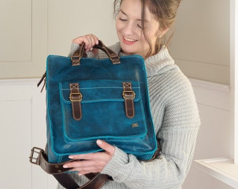 Laptop backpack women, blue leather bag for jeans outfit, work backpack purse, woman leather backpack, leather gift, birthday gift for her