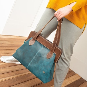 Retro Turquoise Handbag in Doctor Bag Style Perfect Work Bag for Vintage Lovers, Leather doctor Bag for women image 1