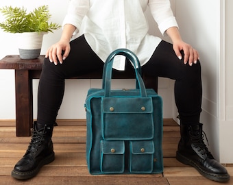 Blue leather backpack women, laptop backpack women, convertible backpack, turquoise leather bag, traveling handbag, large backpack purse