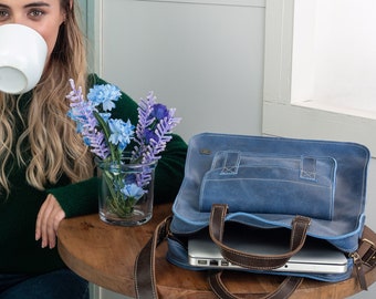 Sky blue work tote bag, light blue cross body purse women, women laptop handbag, leather work bag women, blue leather office purse, mom gift